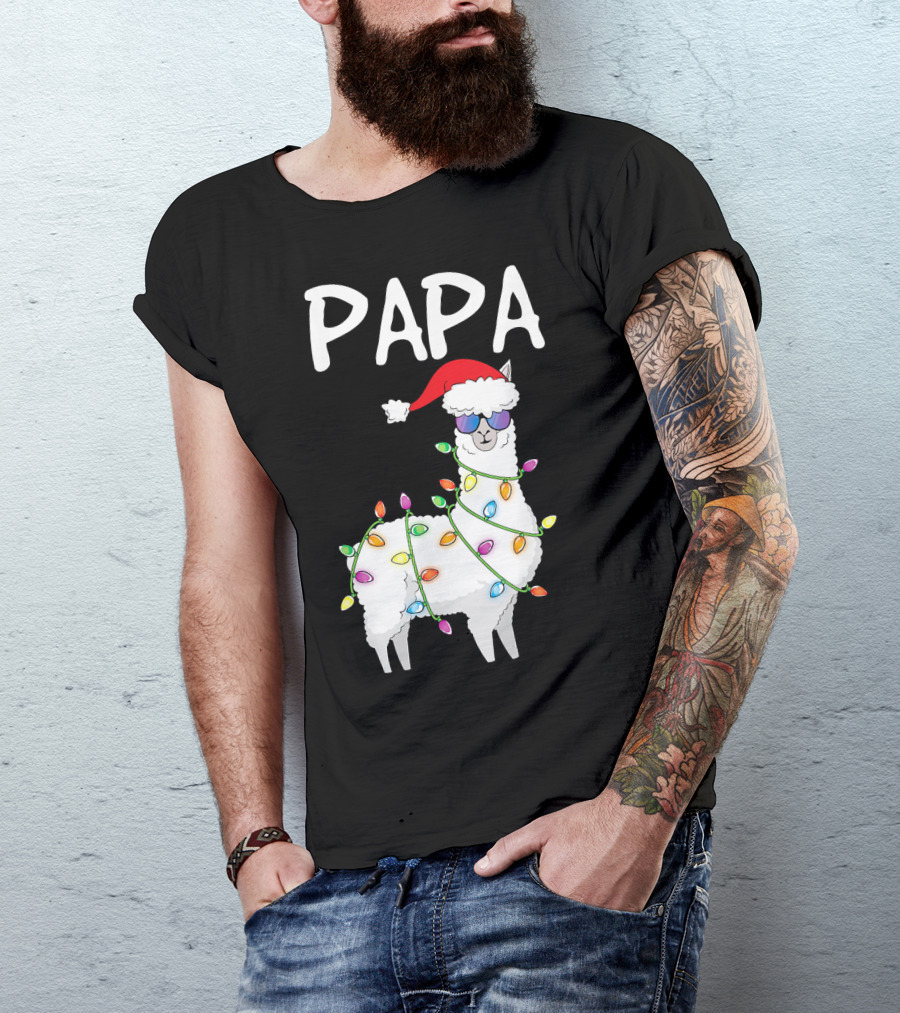 Papa Llama Alpaca Funny Family Christmas Lights Santa Hat T-Shirt
