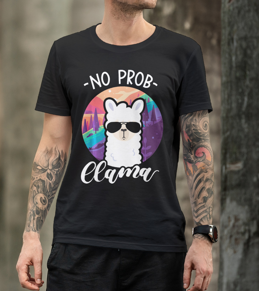 NO PROB LLAMA Vintage Llama Alpac Rainbow Sunglasses T-Shirt