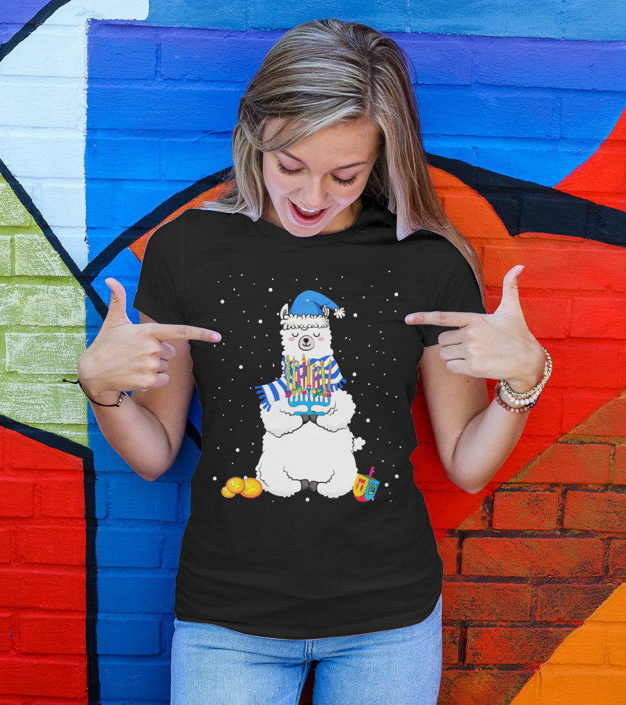 Menorah Hanukkah Llama Cute Alpaca With Dreidel And Gelt T-Shirt