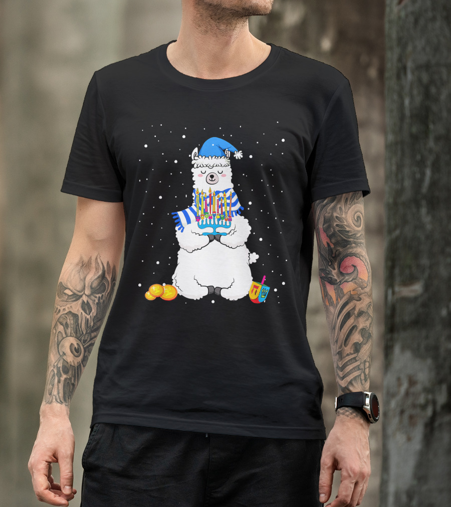 Menorah Hanukkah Llama Cute Alpaca With Dreidel And Gelt T-Shirt