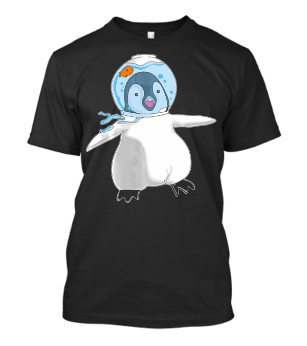 Penguin Wearing Goldfish Bowl Helmet In Space Adventure T-Shirt