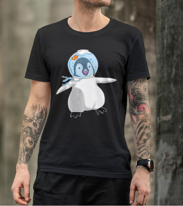 Penguin Wearing Goldfish Bowl Helmet In Space Adventure T-Shirt