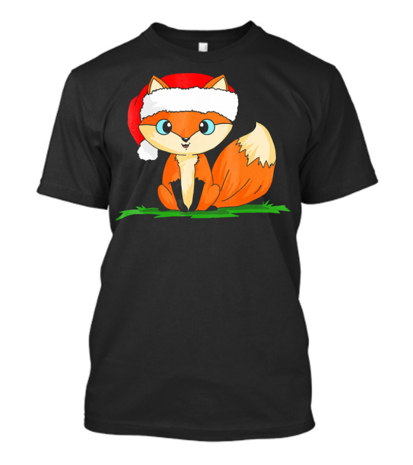 Sweet Fox In Santa Hat On Green Grass T-Shirt
