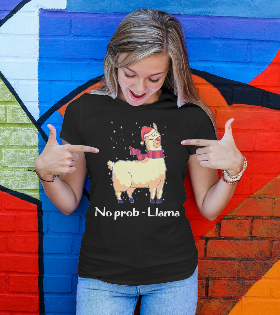 No Prob Llama Cute Llama And Alpaca Lover Festive Santa Hat Snowflakes T-Shirt