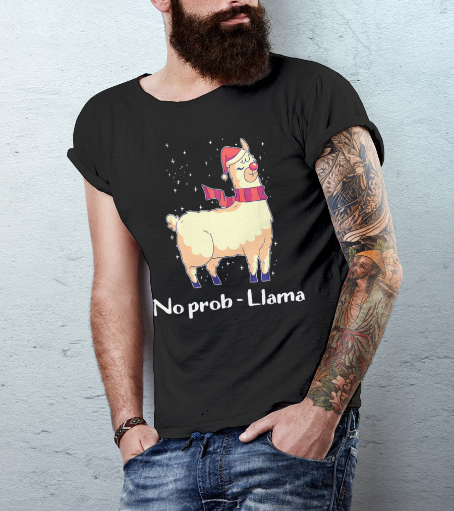 No Prob Llama Cute Llama And Alpaca Lover Festive Santa Hat Snowflakes T-Shirt