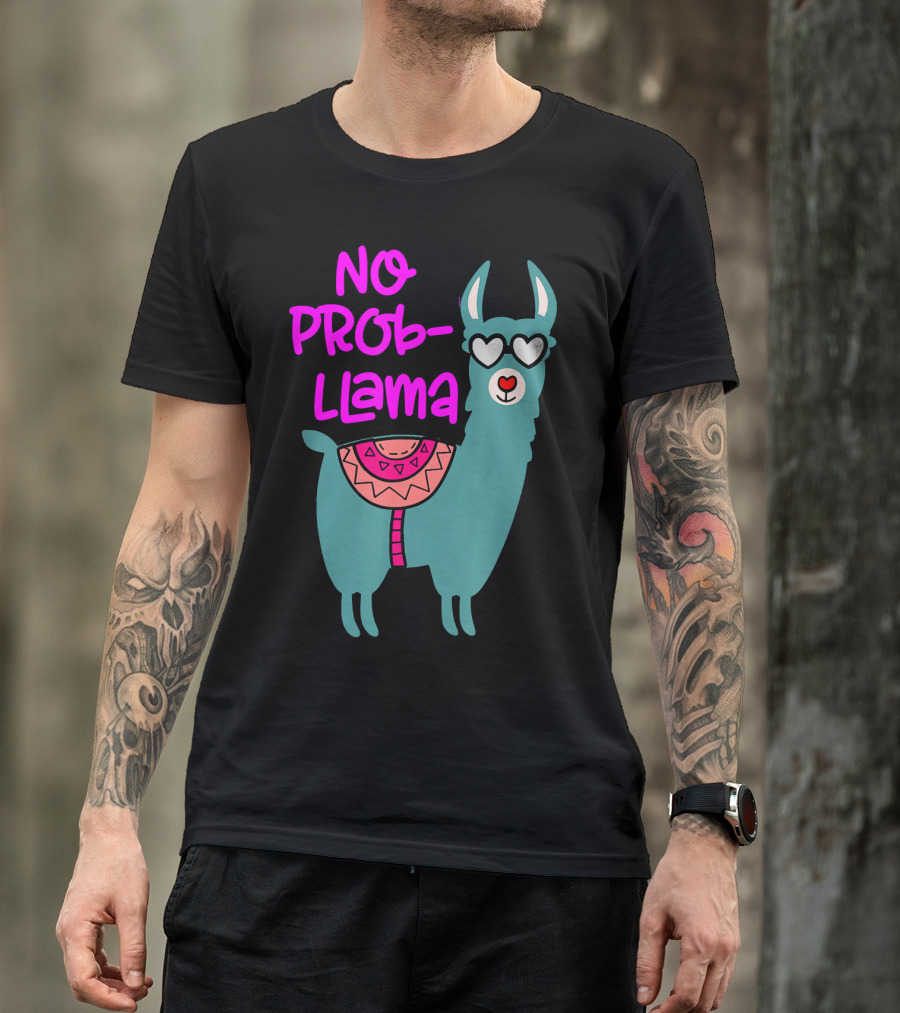 No Prob Llama Cute Llama With Heart Sunglasses And Colorful Blanket T-Shirt