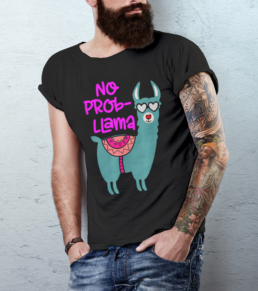 No Prob Llama Cute Llama With Heart Sunglasses And Colorful Blanket T-Shirt