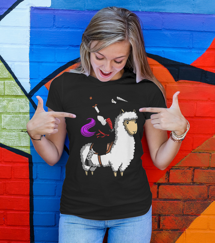 Unicorn Ninja Samurai With Llama Adventure T-Shirt