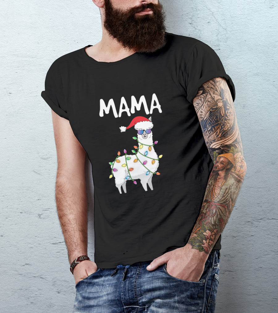 Mama Llama Santa Christmas Lights Alpaca Holiday Fun T-Shirt