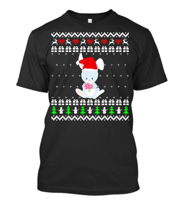 Santa Hat Rabbit With Christmas Pattern And Flowers T-Shirt