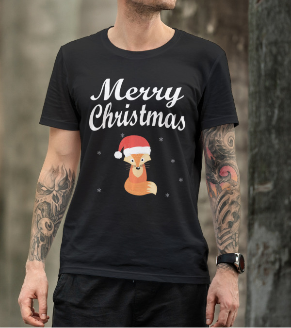 Merry Christmas Santa Hat Fox With Snowflakes T-Shirt