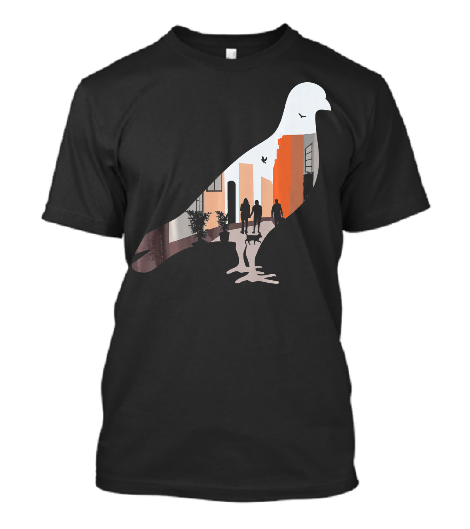 Pigeon Silhouette With Cat And Plants In Urban Street With Buildings T-Shirt