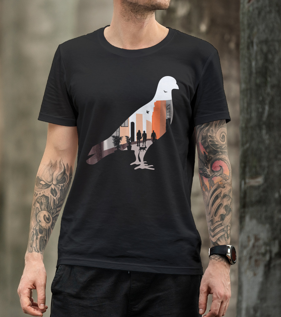 Pigeon Silhouette With Cat And Plants In Urban Street With Buildings T-Shirt