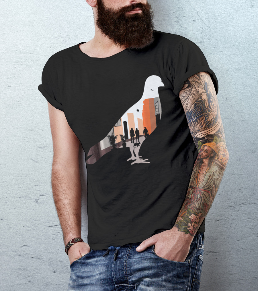 Pigeon Silhouette With Cat And Plants In Urban Street With Buildings T-Shirt