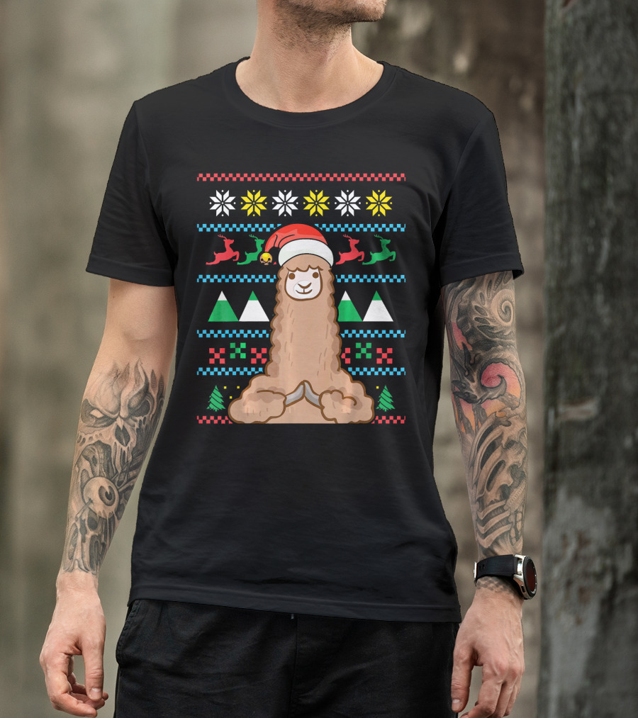 Xmas Llama Alpaca Santa Hat Reindeer Snowflakes Christmas Trees T-Shirt