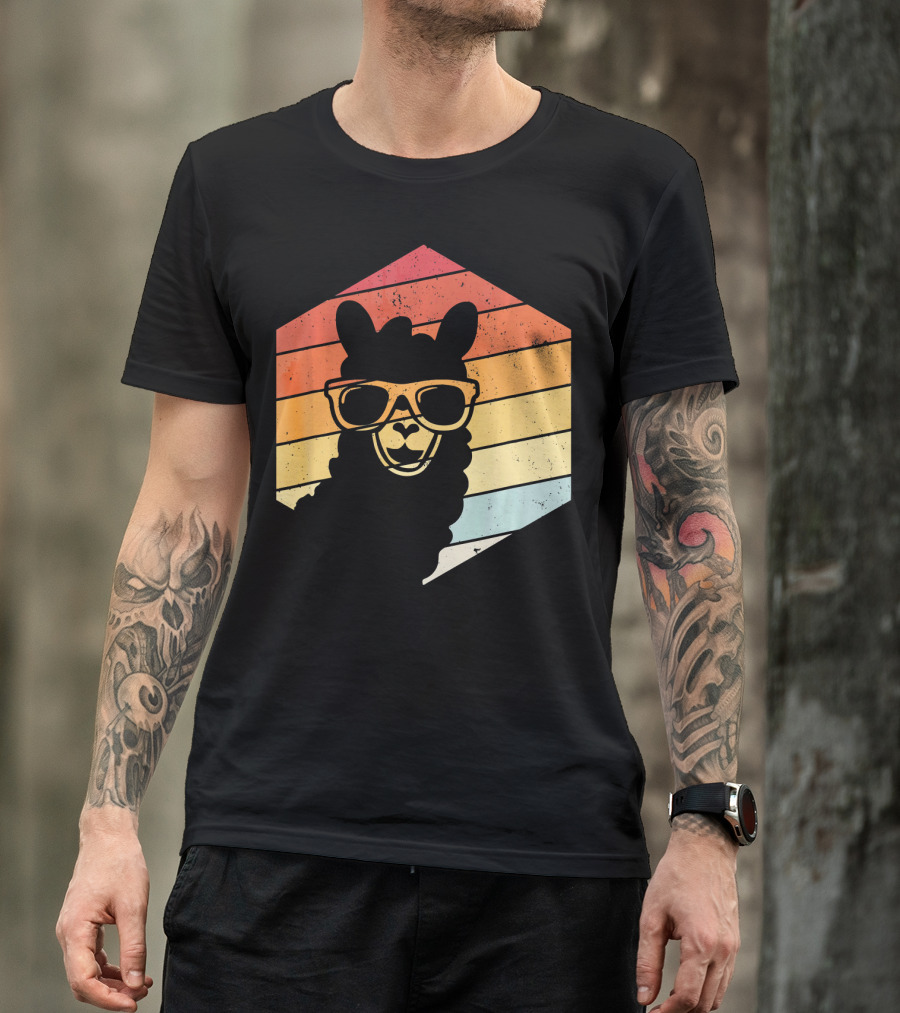 Vintage Retro Llama Sunglasses Rainbow Hexagon T-Shirt