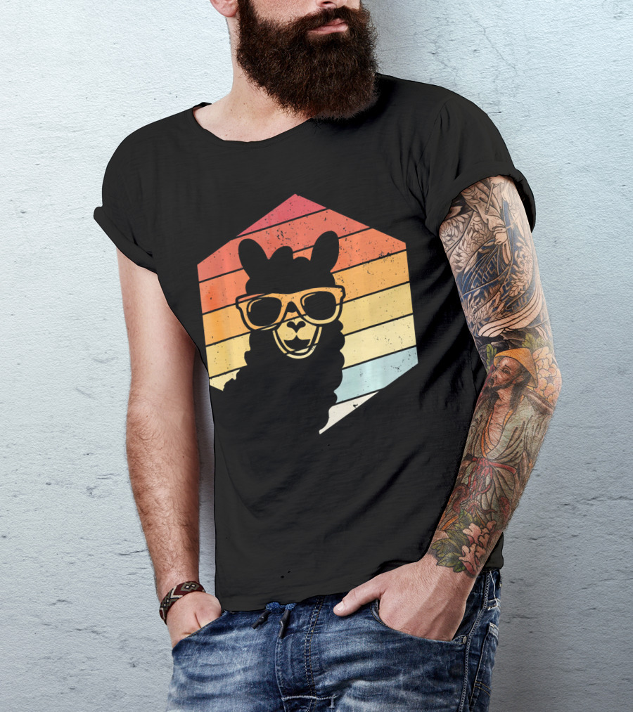 Vintage Retro Llama Sunglasses Rainbow Hexagon T-Shirt