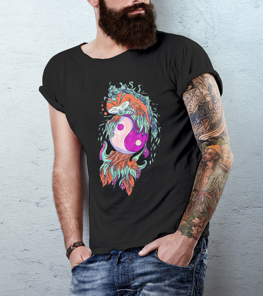 Yin Yang With Colorful Koi Fish And Red-Orange Accents T-Shirt