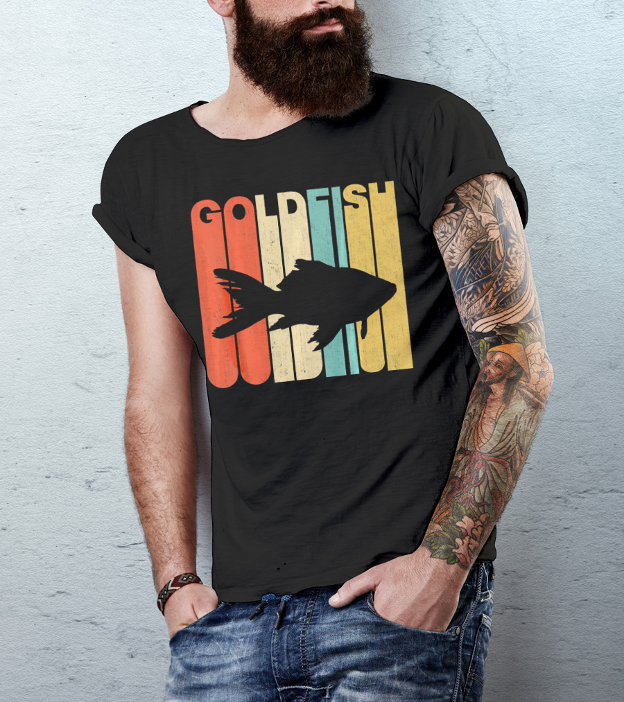 Vintage Retro Goldfish Silhouette Multicolor Stripes T-Shirt
