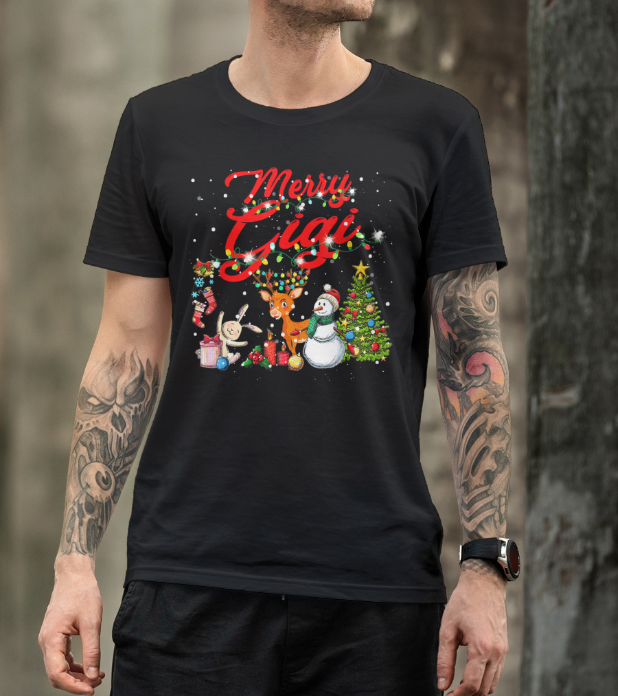 Merry Gigi Christmas Reindeer Snowman Tree Lights T-Shirt
