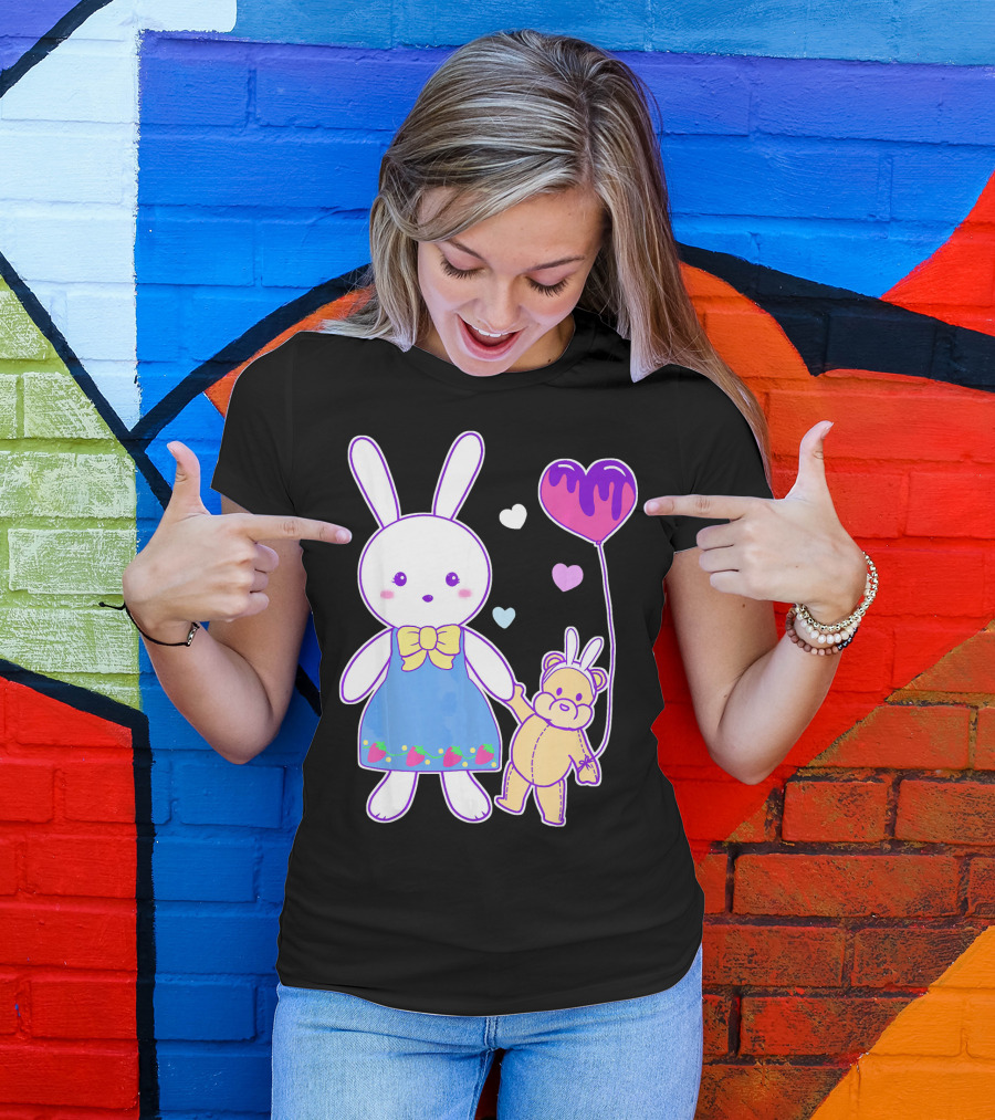 Yume Kawaii Bunny In Strawberry Dress With Teddy Bear And Heart Balloon T-Shirt