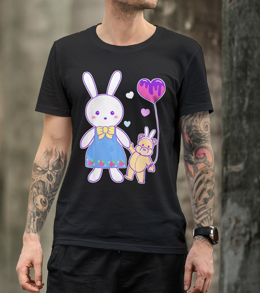 Yume Kawaii Bunny In Strawberry Dress With Teddy Bear And Heart Balloon T-Shirt