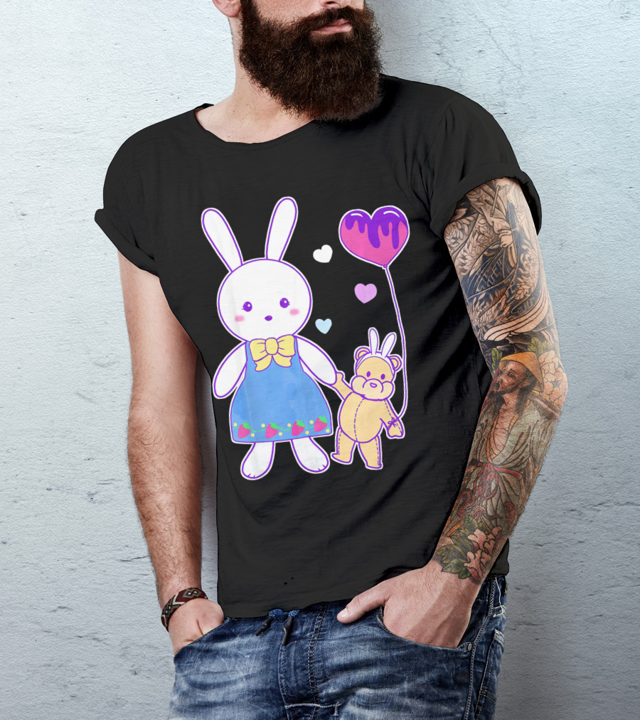 Yume Kawaii Bunny In Strawberry Dress With Teddy Bear And Heart Balloon T-Shirt