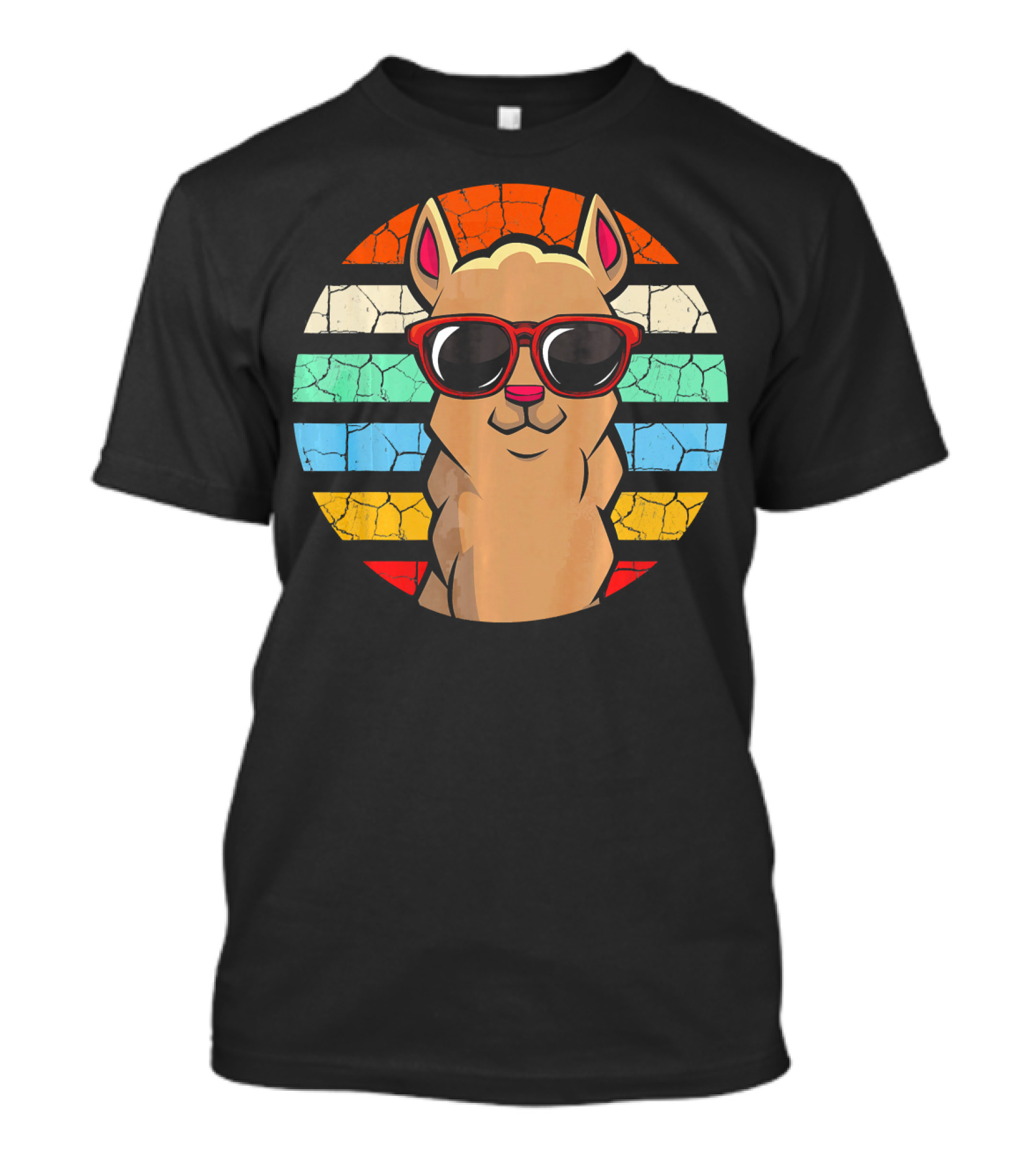 Vintage Retro Alpaca Llama With Sunglass Striped Circle T-Shirt