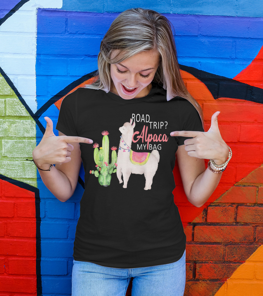 Road Trip Alpaca My Bag Watercolor Cacti Llama T-Shirt