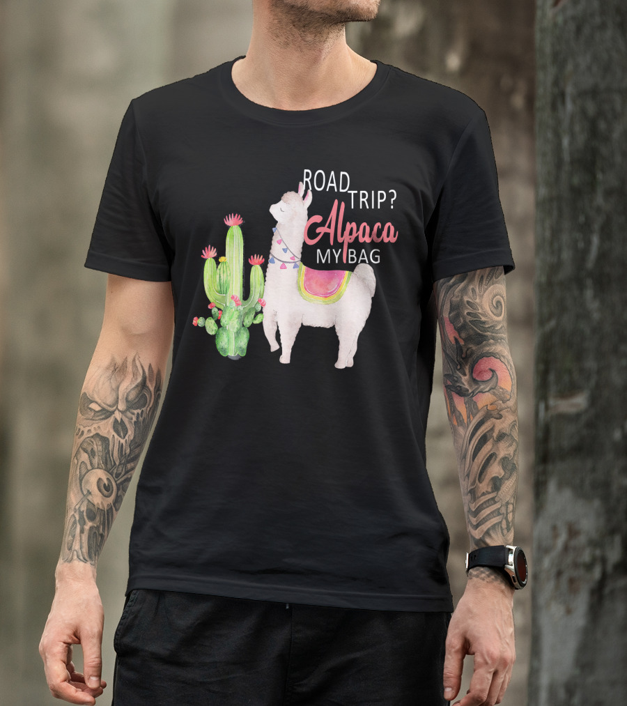 Road Trip Alpaca My Bag Watercolor Cacti Llama T-Shirt