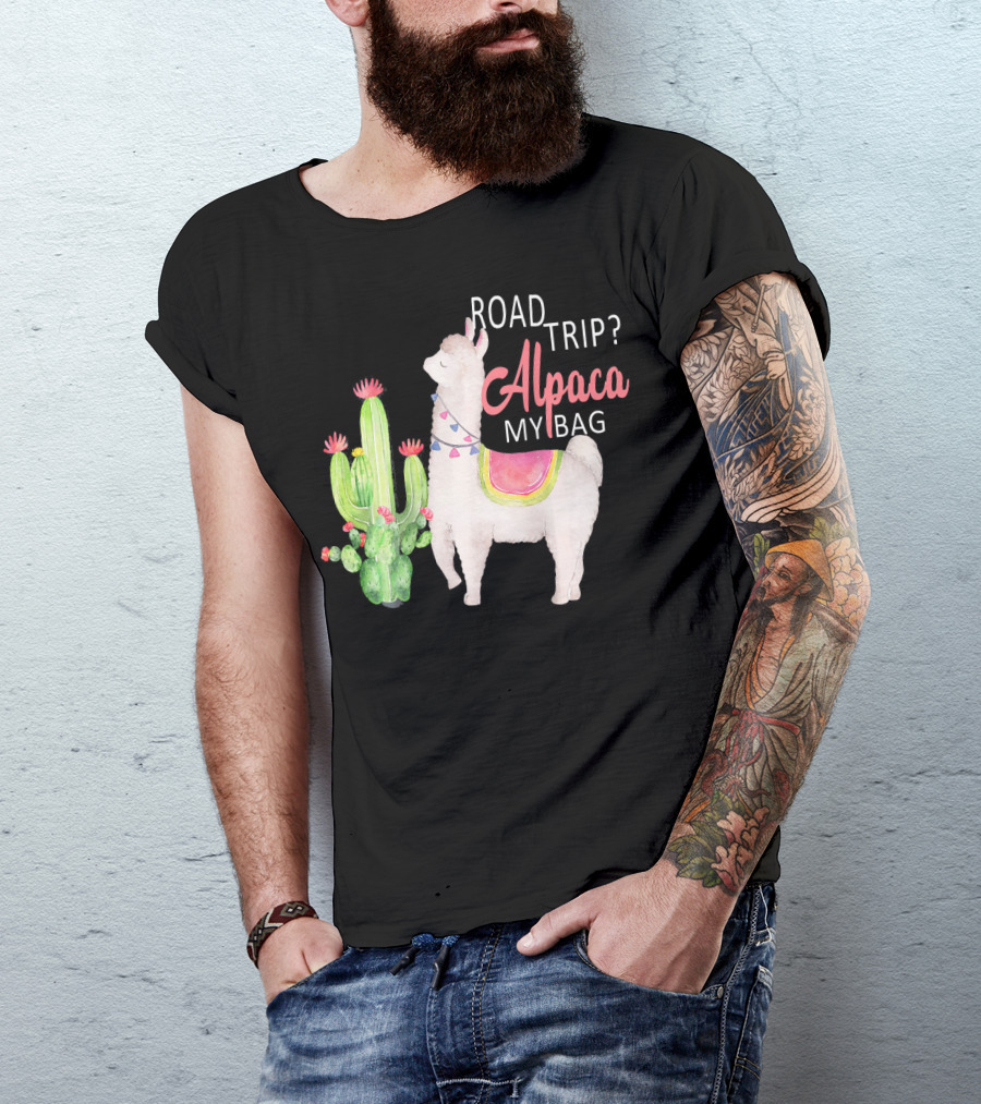 Road Trip Alpaca My Bag Watercolor Cacti Llama T-Shirt