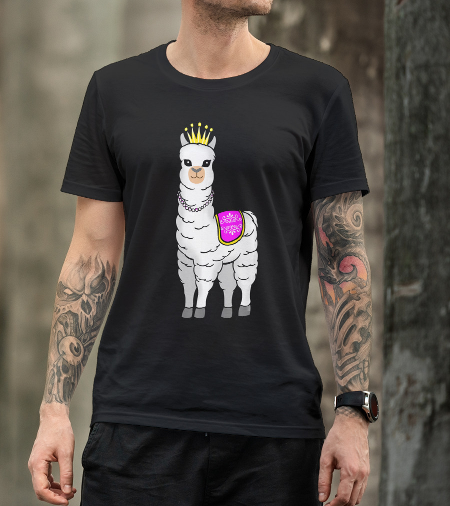 White Llama Alpaca Princess With Crown And Pearls T-Shirt