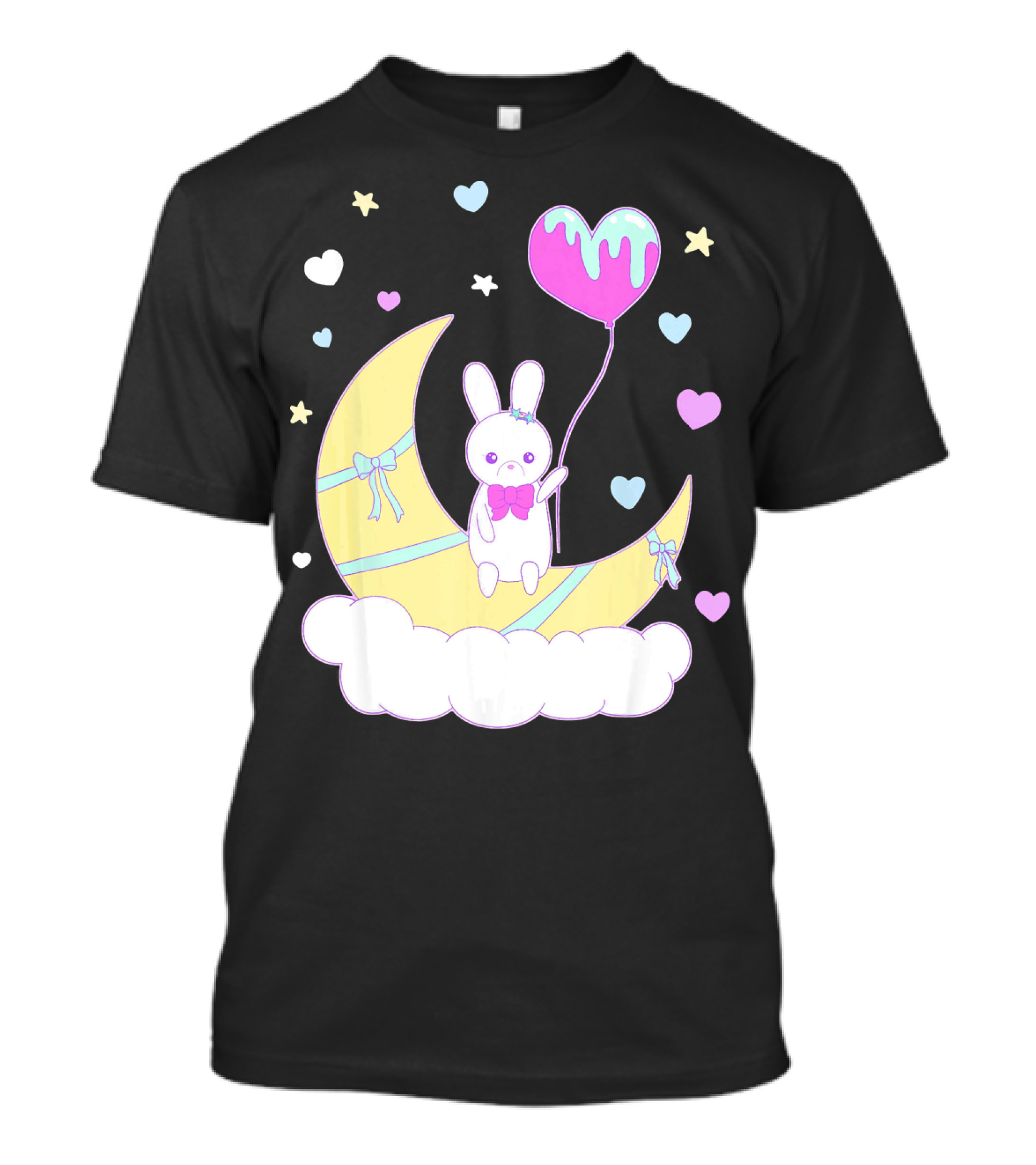 Yume Kawaii Fashion Nu Goth Bunny On Moon With Heart Balloon And Stars T-Shirt