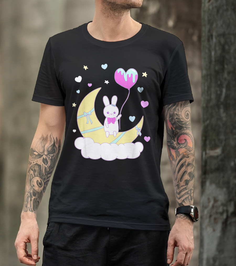 Yume Kawaii Fashion Nu Goth Bunny On Moon With Heart Balloon And Stars T-Shirt