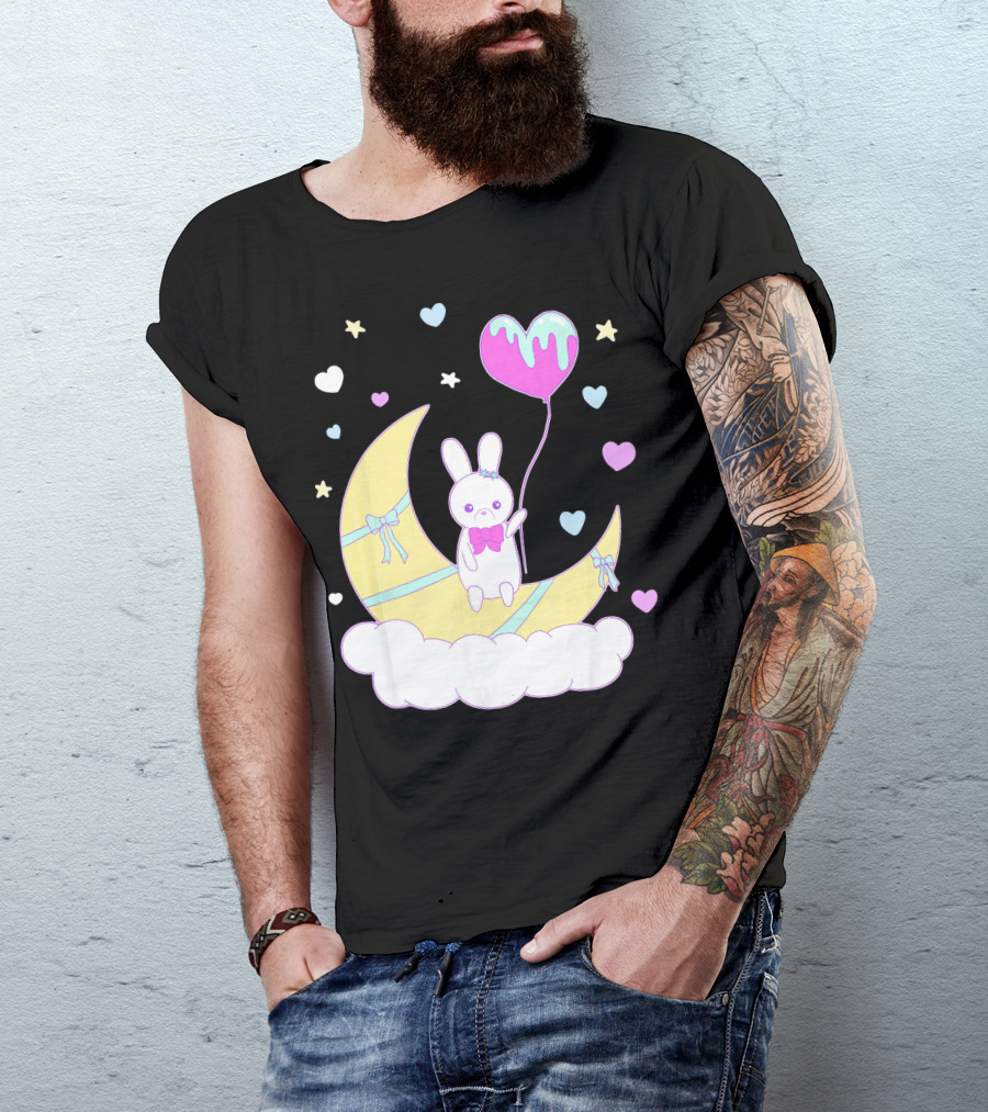 Yume Kawaii Fashion Nu Goth Bunny On Moon With Heart Balloon And Stars T-Shirt
