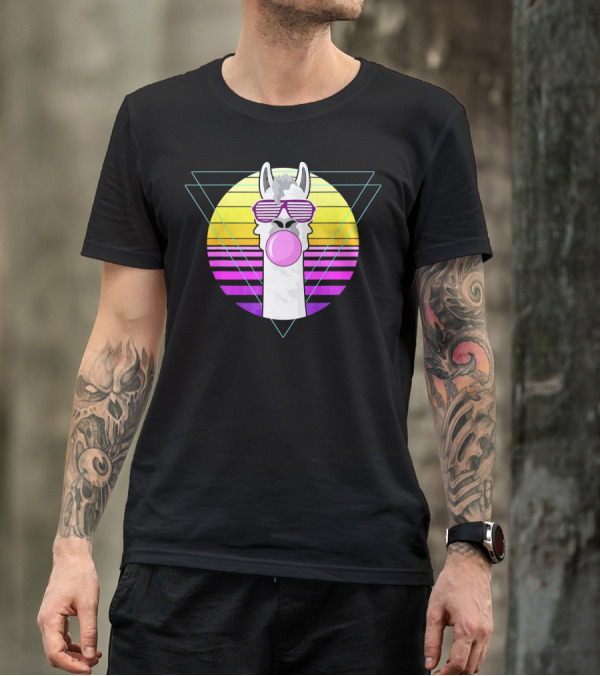 Retro Sunset Alpaca With Sunglasses And Bubblegum T-Shirt
