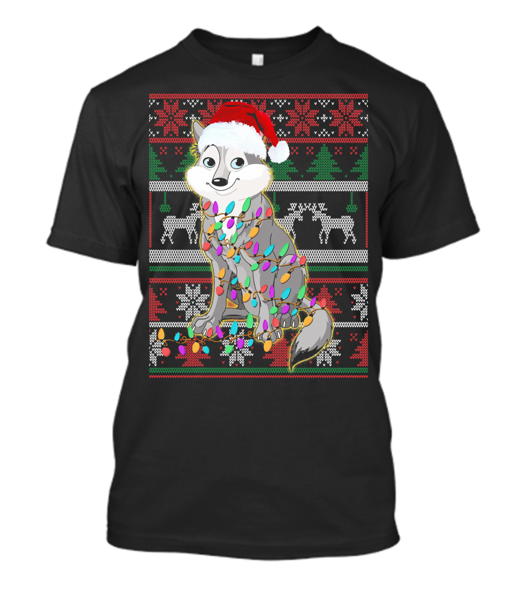 Cute Wolf Lover Christmas Sweater Lights Holiday T-Shirt