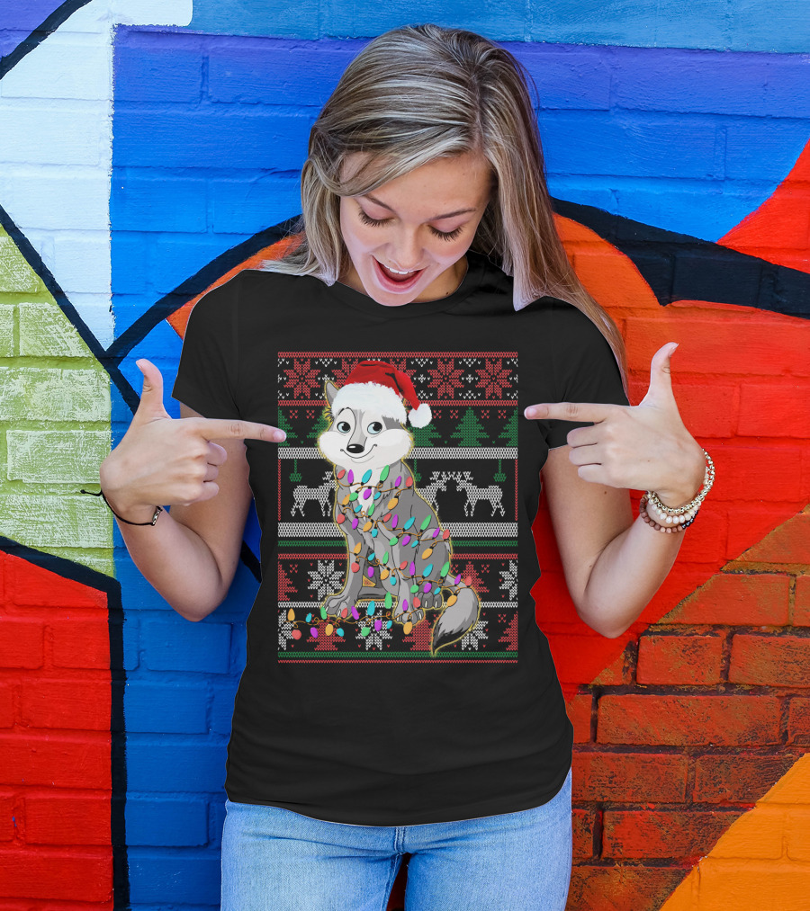 Cute Wolf Lover Christmas Sweater Lights Holiday T-Shirt