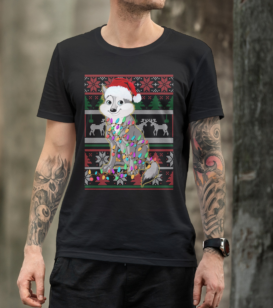 Cute Wolf Lover Christmas Sweater Lights Holiday T-Shirt