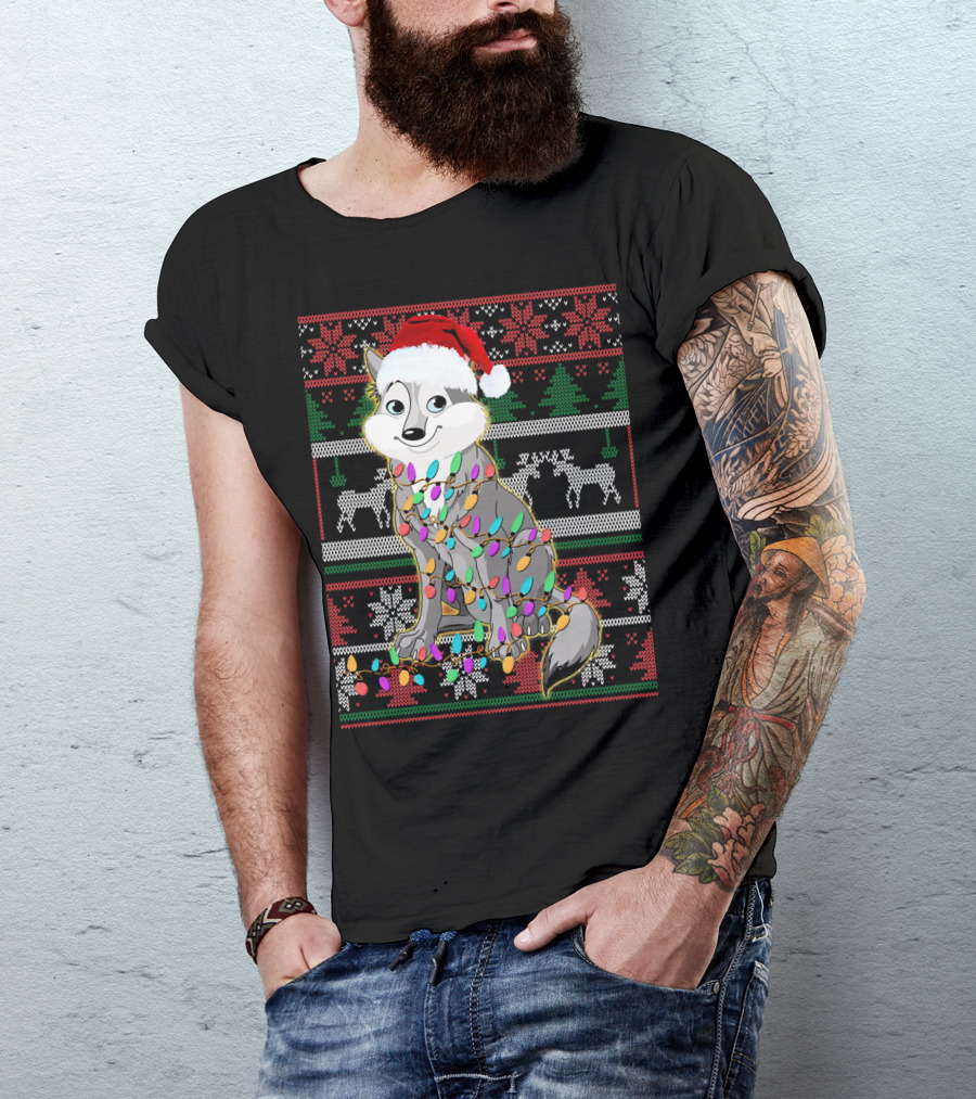 Cute Wolf Lover Christmas Sweater Lights Holiday T-Shirt