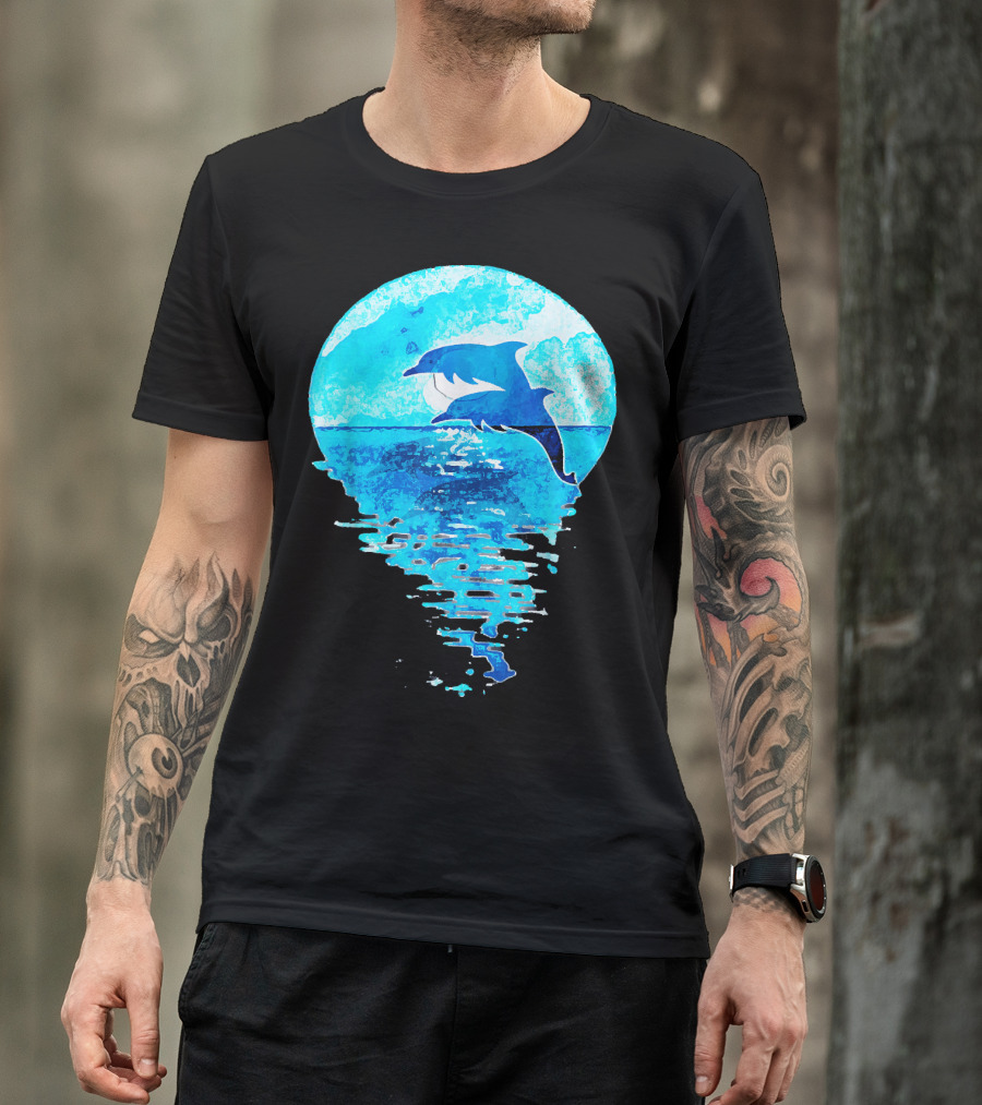 Blue Watercolor Jumping Dolphins Ocean Moon Reflection T-Shirt