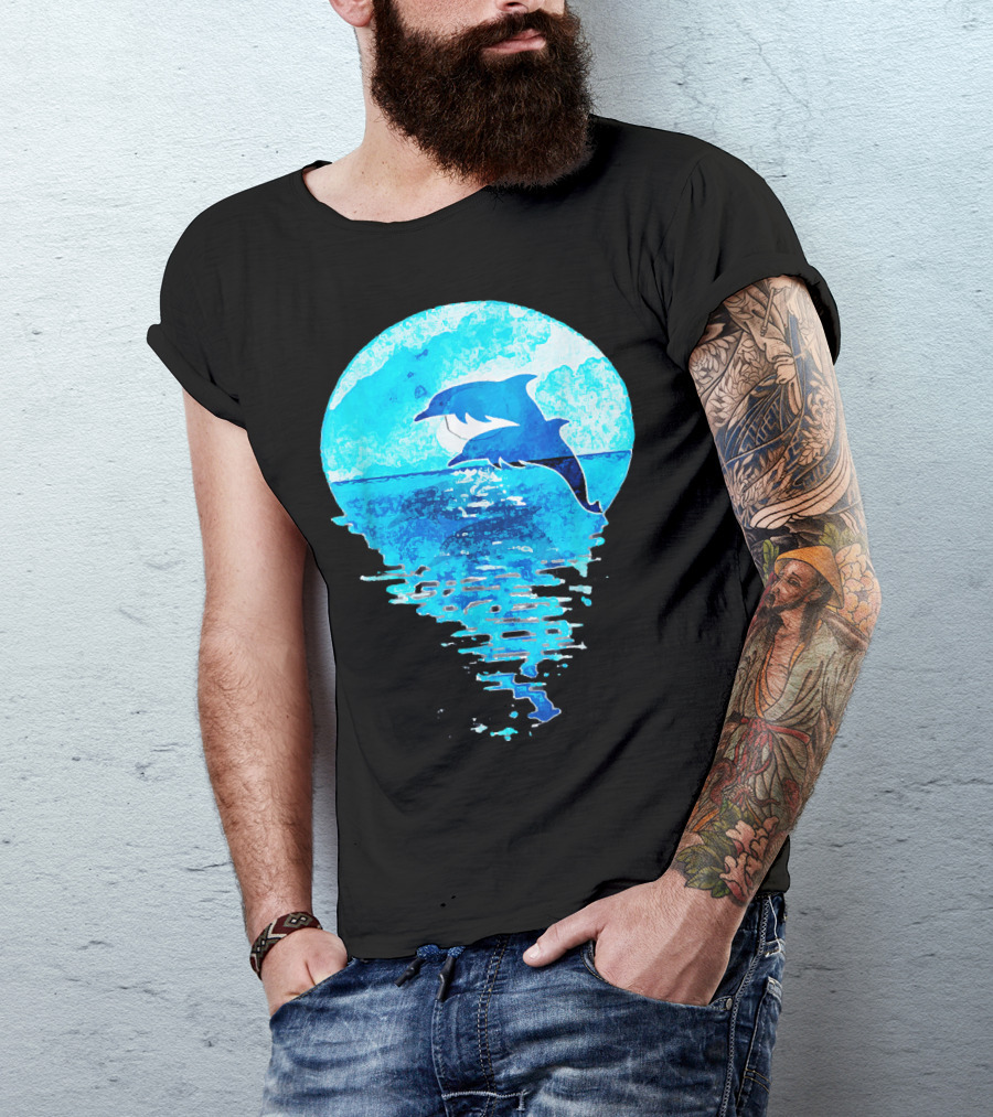 Blue Watercolor Jumping Dolphins Ocean Moon Reflection T-Shirt