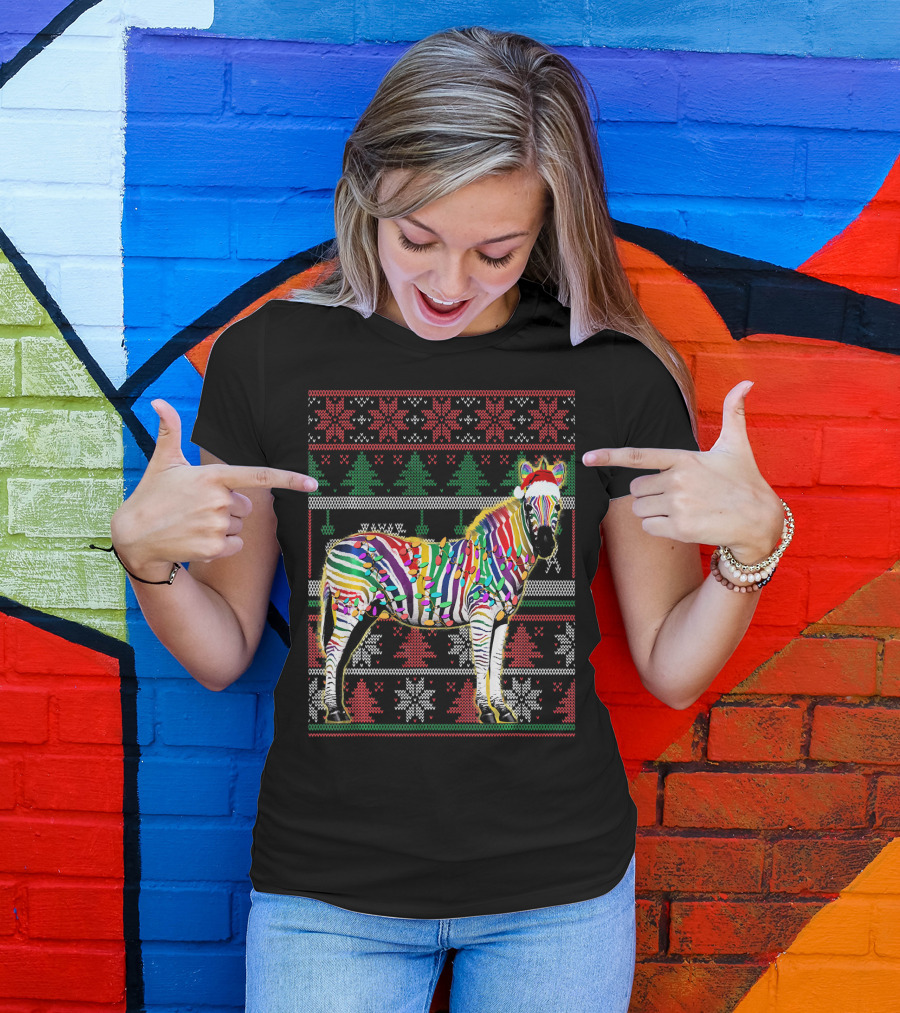 Cute Zebra Lover Festive Christmas Lights Ugly T-Shirt