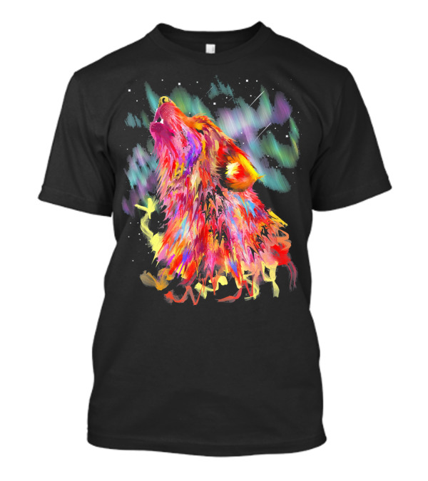 Colorful Rainbow Galaxy Wolf Head Aurora Borealis Effect T-Shirt