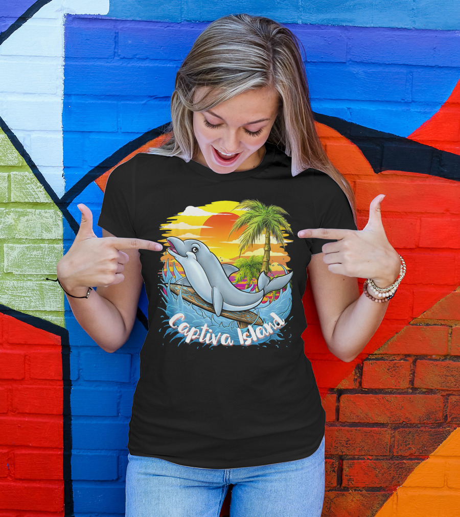 Captiva Island Florida Spring Dolphin Palm Sunset Ocean Scene T-Shirt