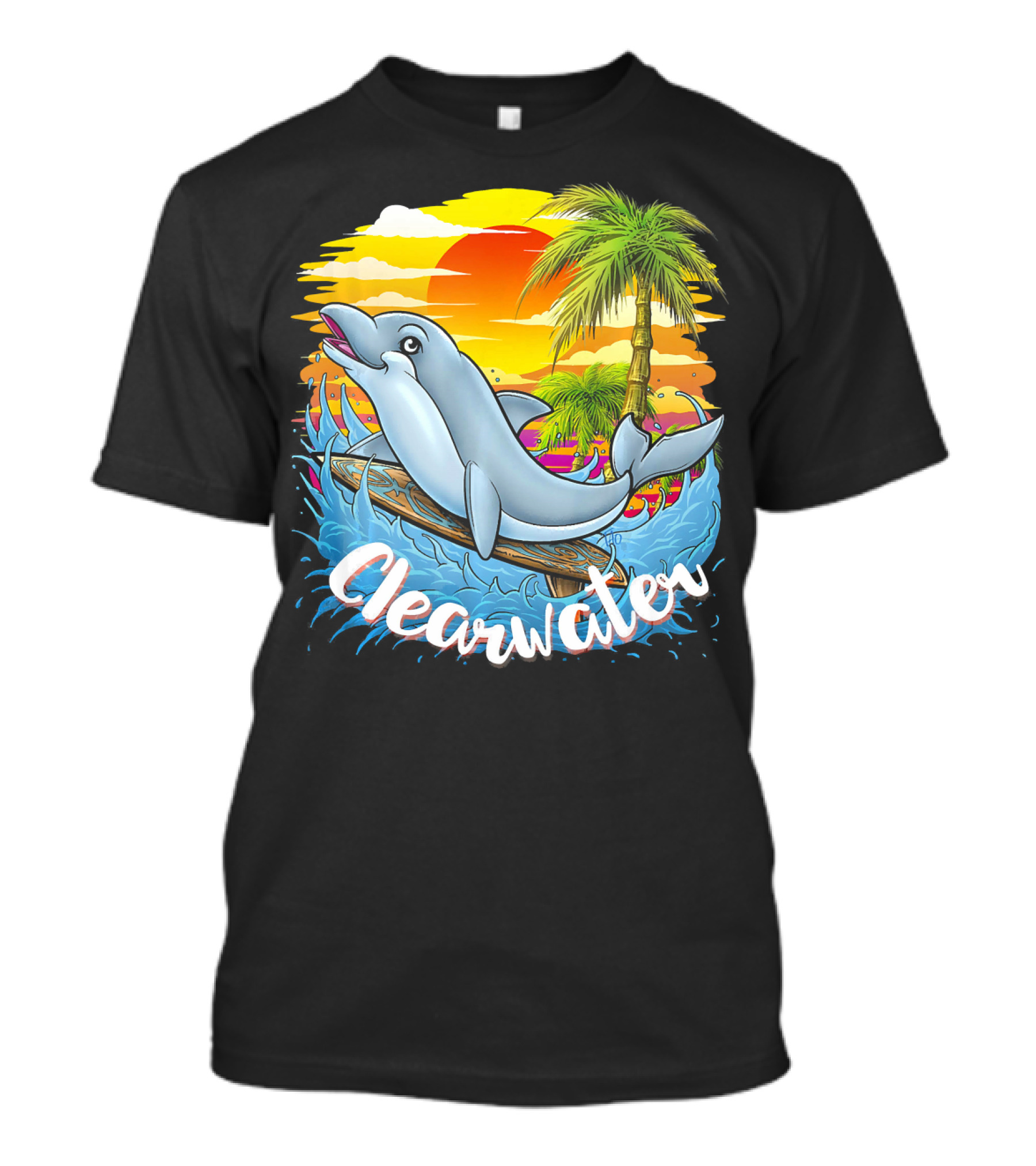 Clearwater Beach Dolphin Surfing Florida Palm Sunset T-Shirt