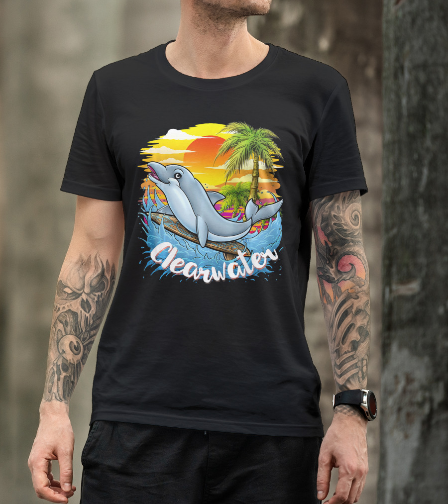 Clearwater Beach Dolphin Surfing Florida Palm Sunset T-Shirt