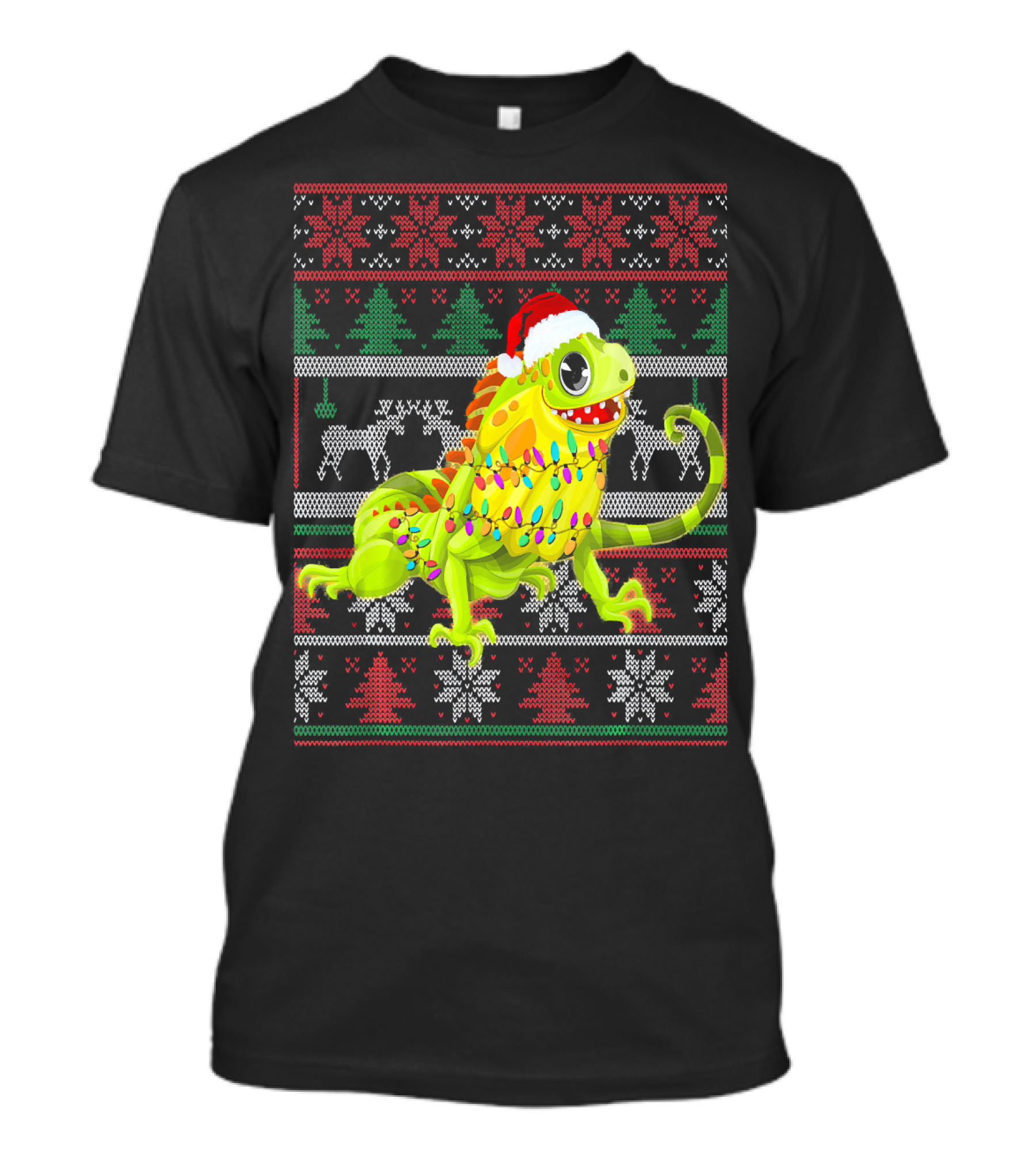 Cute Iguana Lover Christmas Sweater Pattern Santa Hat Lights T-Shirt