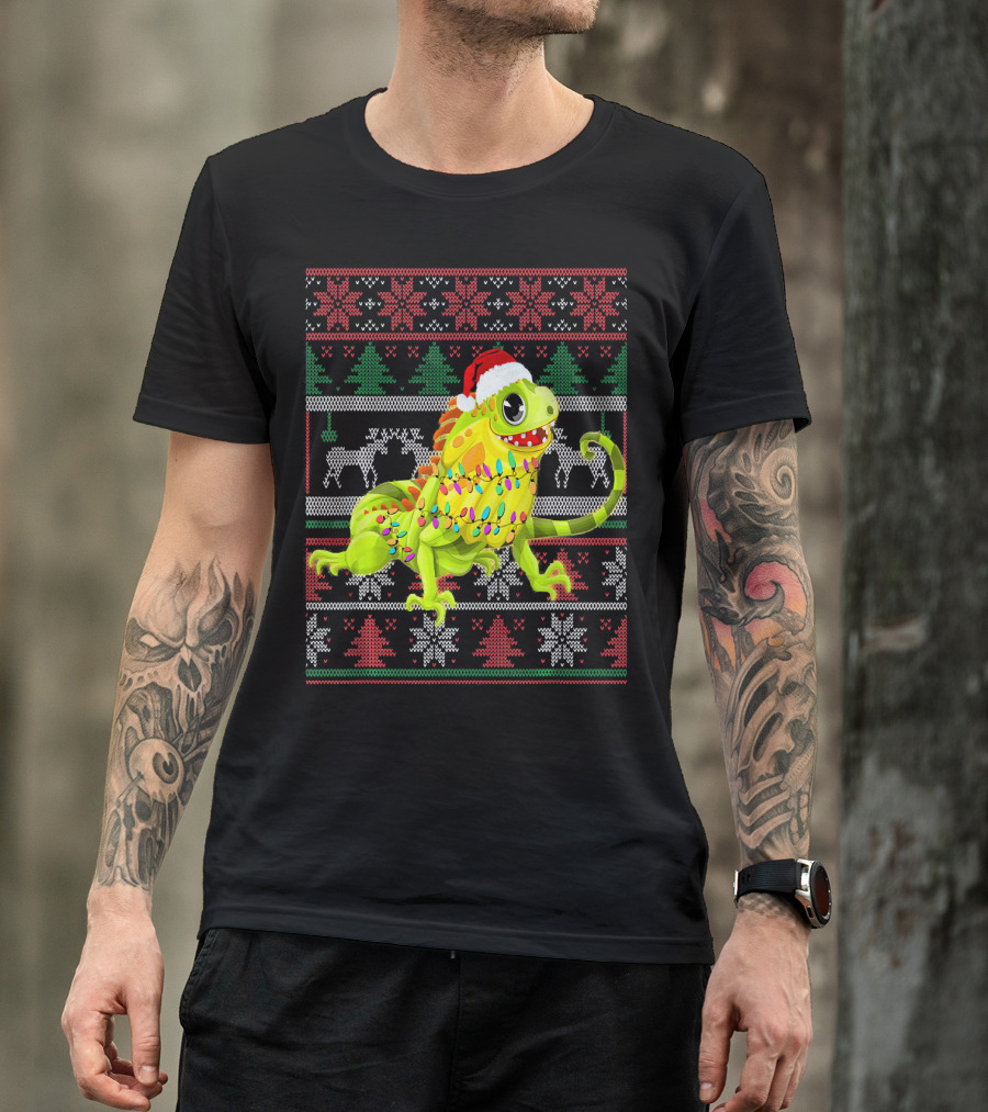 Cute Iguana Lover Christmas Sweater Pattern Santa Hat Lights T-Shirt