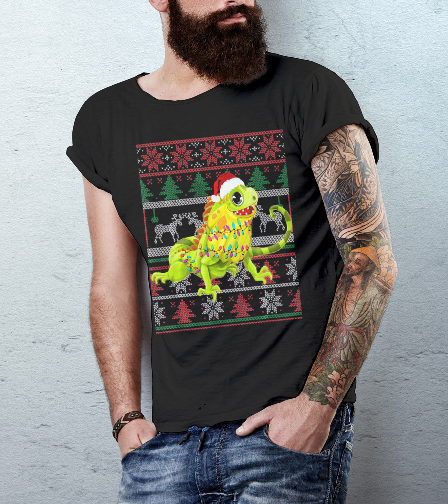 Cute Iguana Lover Christmas Sweater Pattern Santa Hat Lights T-Shirt